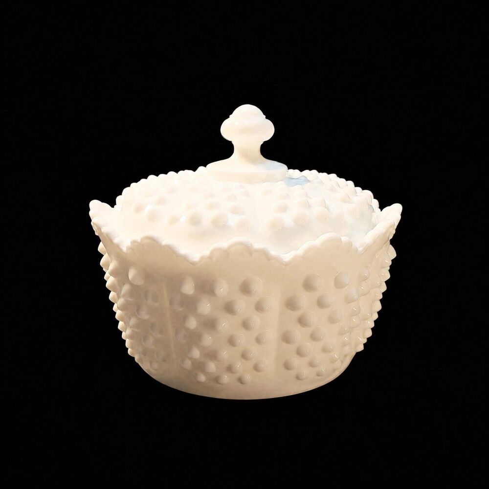 Vintage Fenton Hobnail Milkglass Candy Box with Lid, 1970s Dish